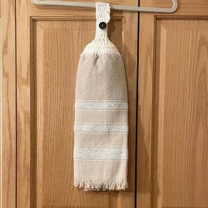 Elegant Tan Hanging Hand Towel Crocheted Top Button Closure